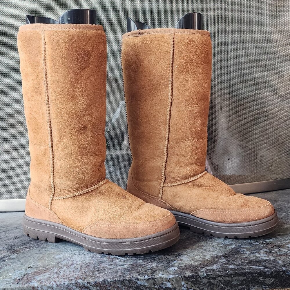 UGG Brown Suede Leather Ultra Tall Braided Back Boots Size 8 - Picture 4 of 16